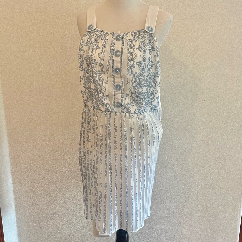 ModCloth by KAS New York Women’s Large Light Blue & White Pleated Skirt Dress